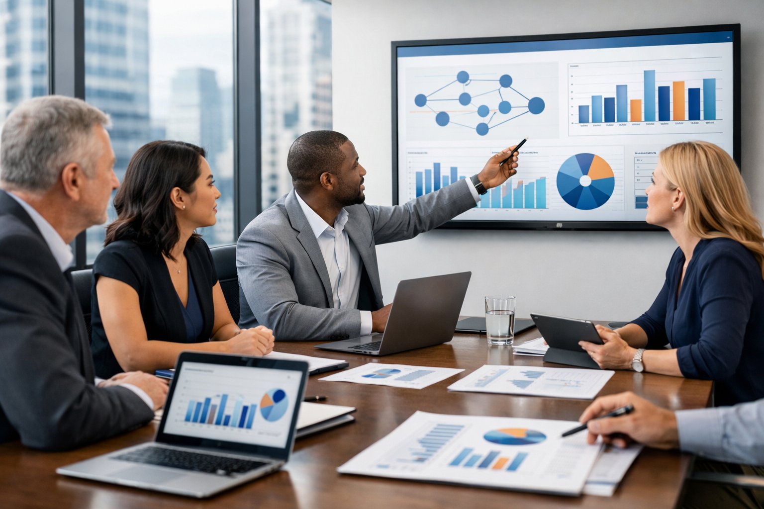 Un groupe de professionnels en réunion autour d'une table de conférence, discutant de documents et utilisant des appareils numériques dans un bureau lumineux avec une vue sur la ville.