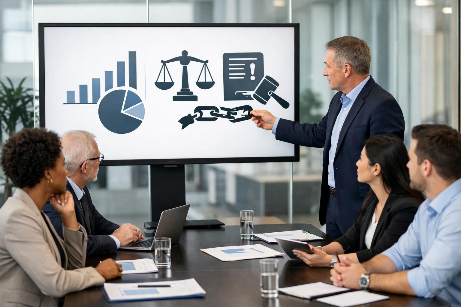 Un groupe de professionnels en réunion dans un bureau moderne, discutant autour d'une table avec des documents et un écran affichant des graphiques et des symboles juridiques.