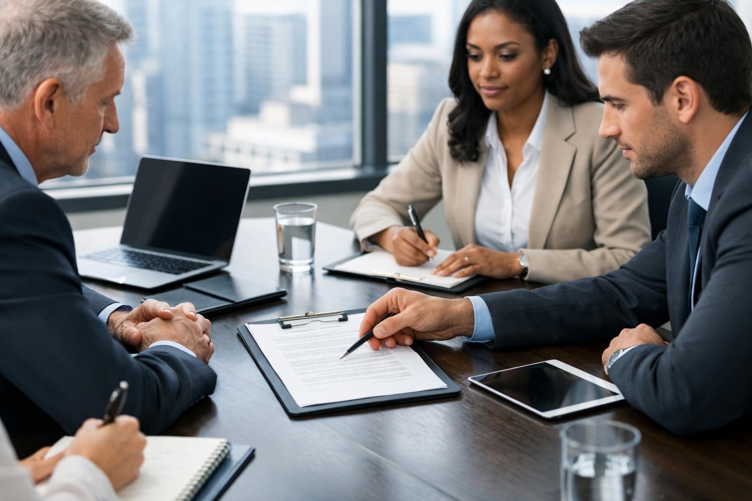 Des professionnels en réunion autour d'une table de conférence discutant de contrats dans un bureau moderne.