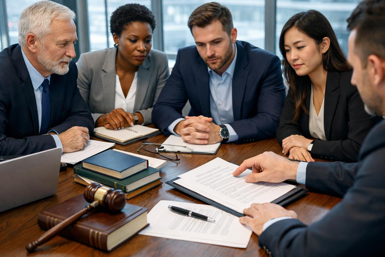 Un groupe de professionnels en réunion autour d'une table discutant de contrats dans une salle de conférence moderne.
