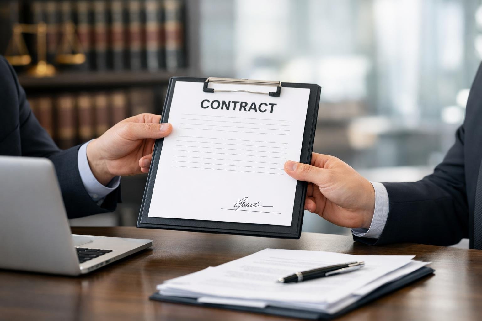 Deux professionnels échangent un contrat signé dans un bureau moderne avec des documents et un ordinateur portable sur le bureau.