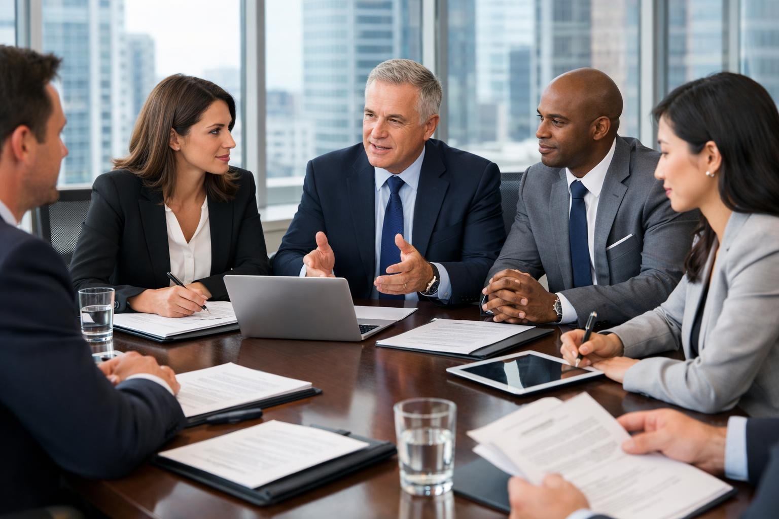 Des professionnels en réunion autour d'une table de conférence, discutant de contrats dans un bureau moderne avec une vue sur la ville.