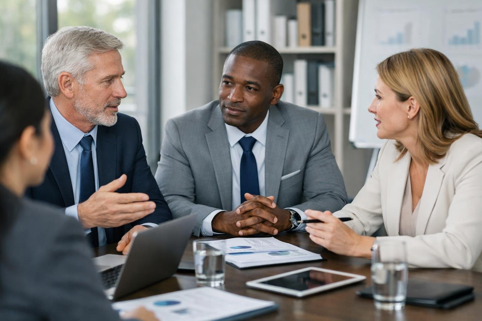 Des professionnels en réunion autour d'une table de conférence dans un bureau moderne, discutant et travaillant ensemble.