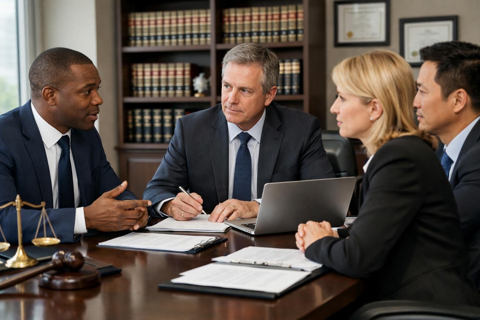 Un groupe de professionnels en réunion dans un bureau moderne, discutant autour d'une table avec des documents et des ordinateurs portables.