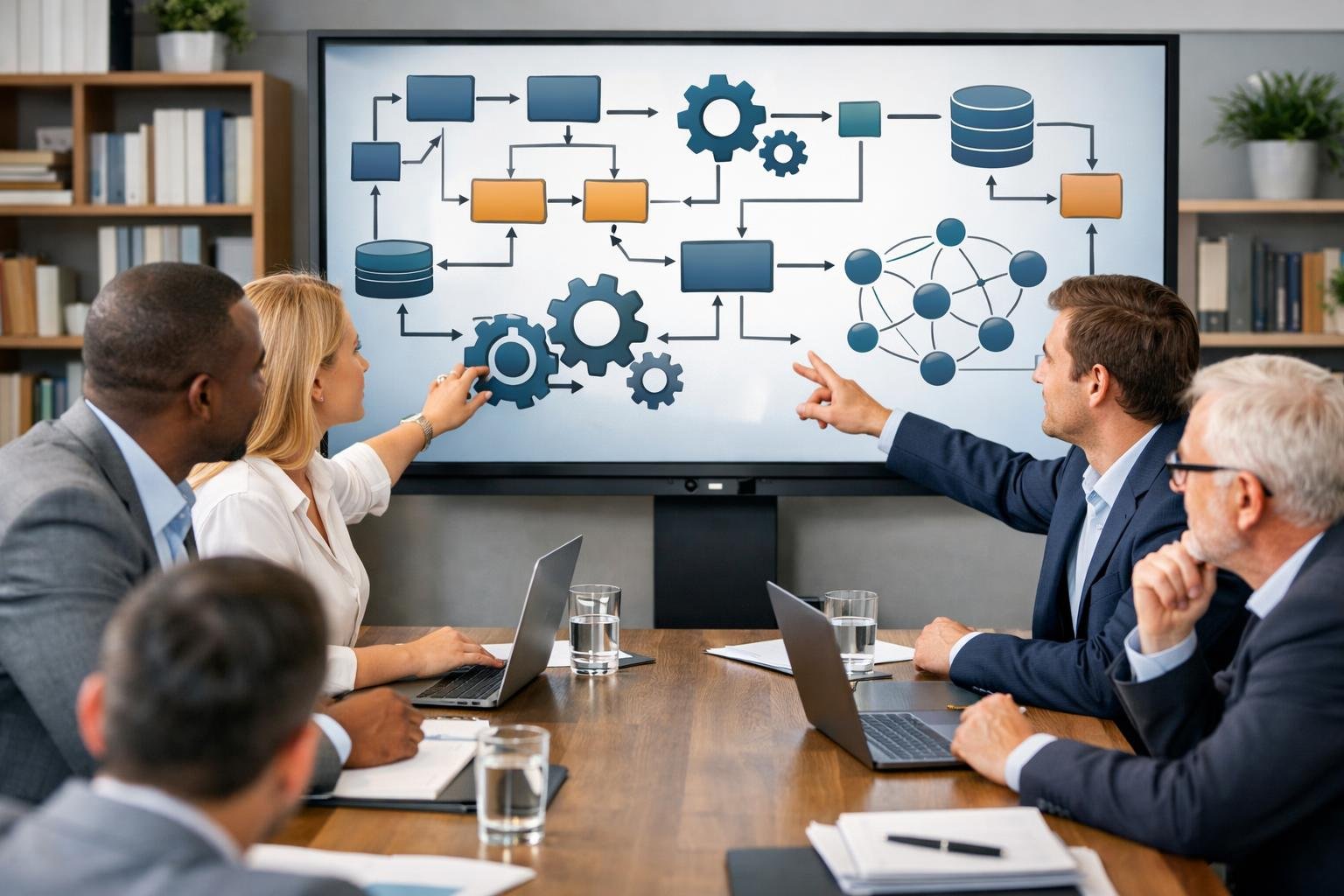 Un groupe de professionnels en réunion autour d'une table, discutant devant un écran avec des diagrammes abstraits dans un bureau lumineux.