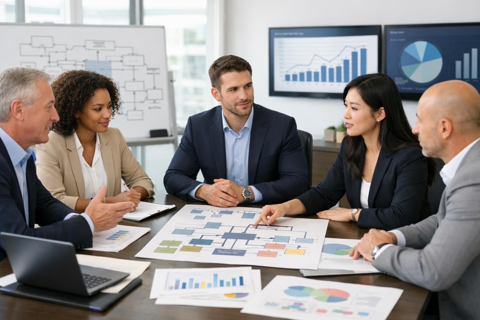 Un groupe de professionnels en réunion dans un bureau moderne, discutant autour d'une table avec des documents et des ordinateurs portables.