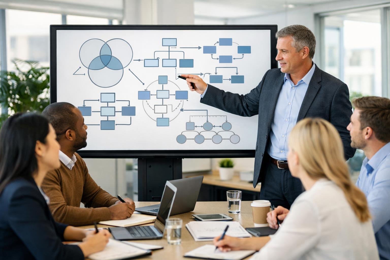 Des professionnels en réunion autour d'une table, analysant des diagrammes sur un tableau numérique dans un bureau moderne et lumineux.