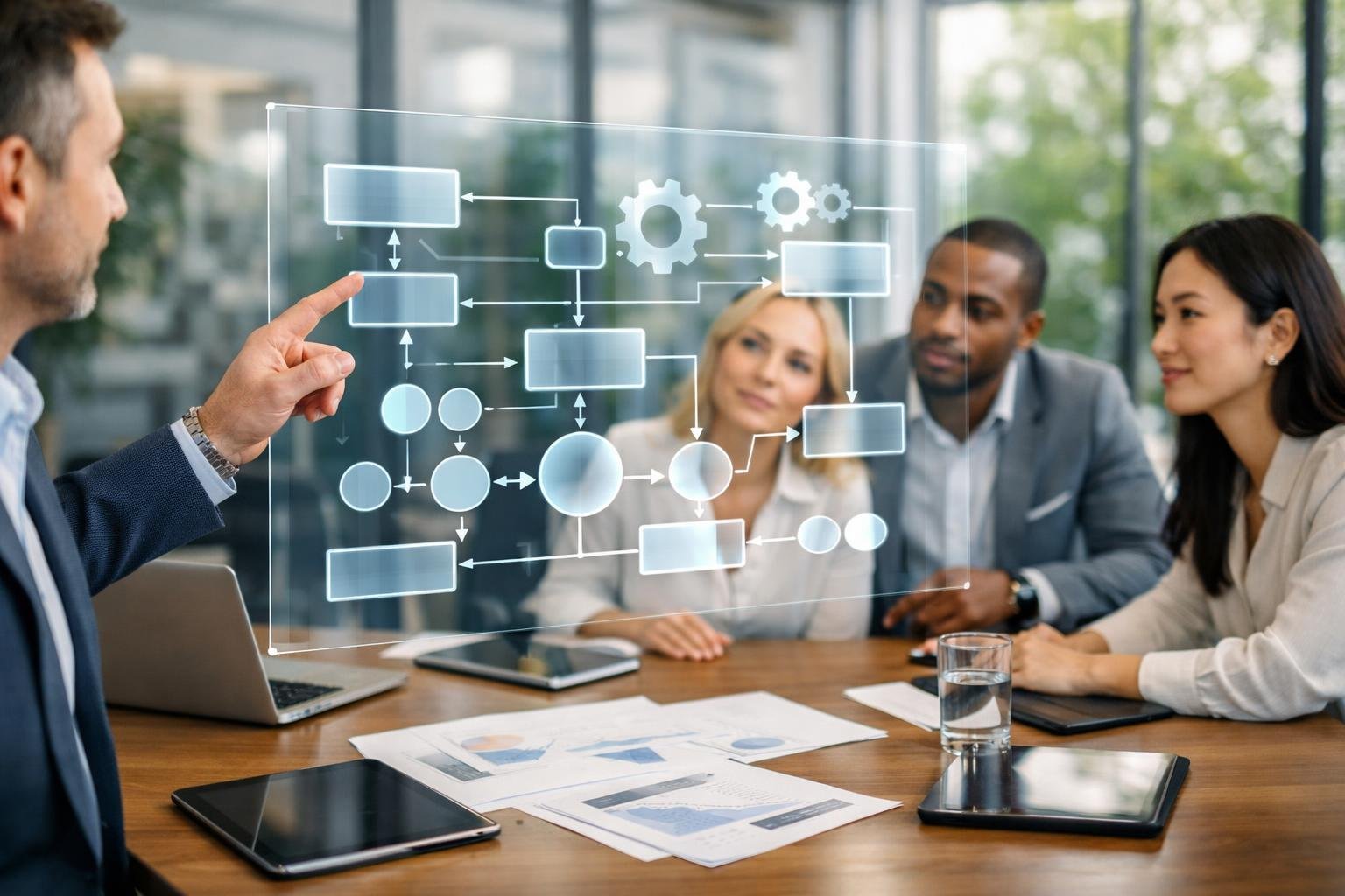 Un groupe de professionnels en réunion autour d'une table avec des appareils numériques et des diagrammes affichés sur un écran transparent.