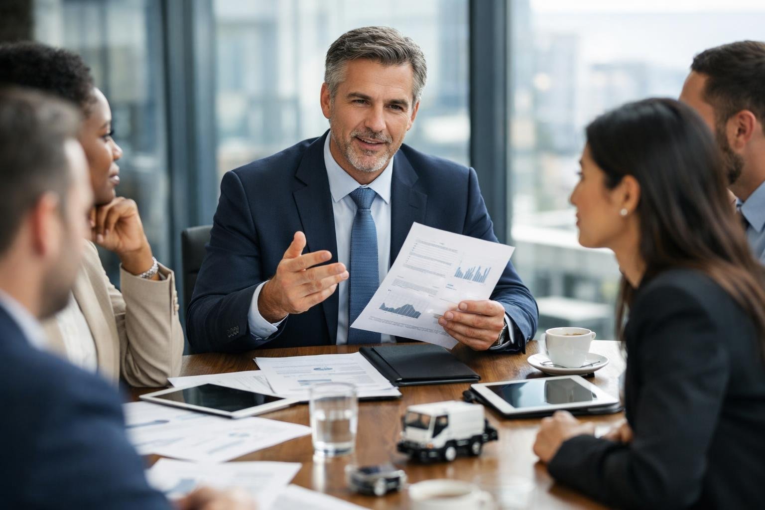 Un groupe de professionnels en réunion autour d'une table de conférence, discutant de contrats de nettoyage publics dans un bureau moderne.
