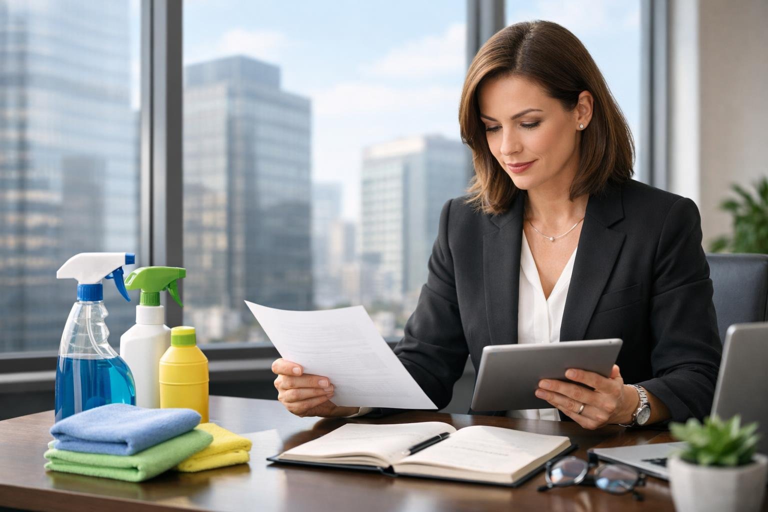 Une femme d'affaires examinant des documents dans un bureau moderne avec des produits de nettoyage sur le bureau et une vue sur des immeubles de bureaux en arrière-plan.