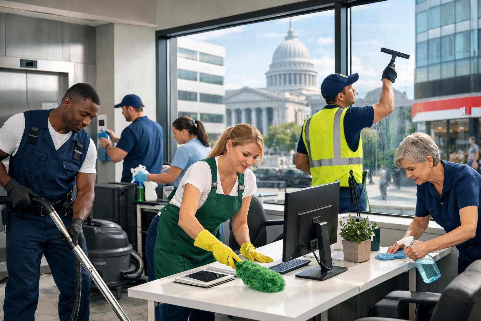 Des professionnels du nettoyage effectuent différentes tâches dans un environnement de bureau moderne, illustrant les marchés publics et privés de nettoyage.
