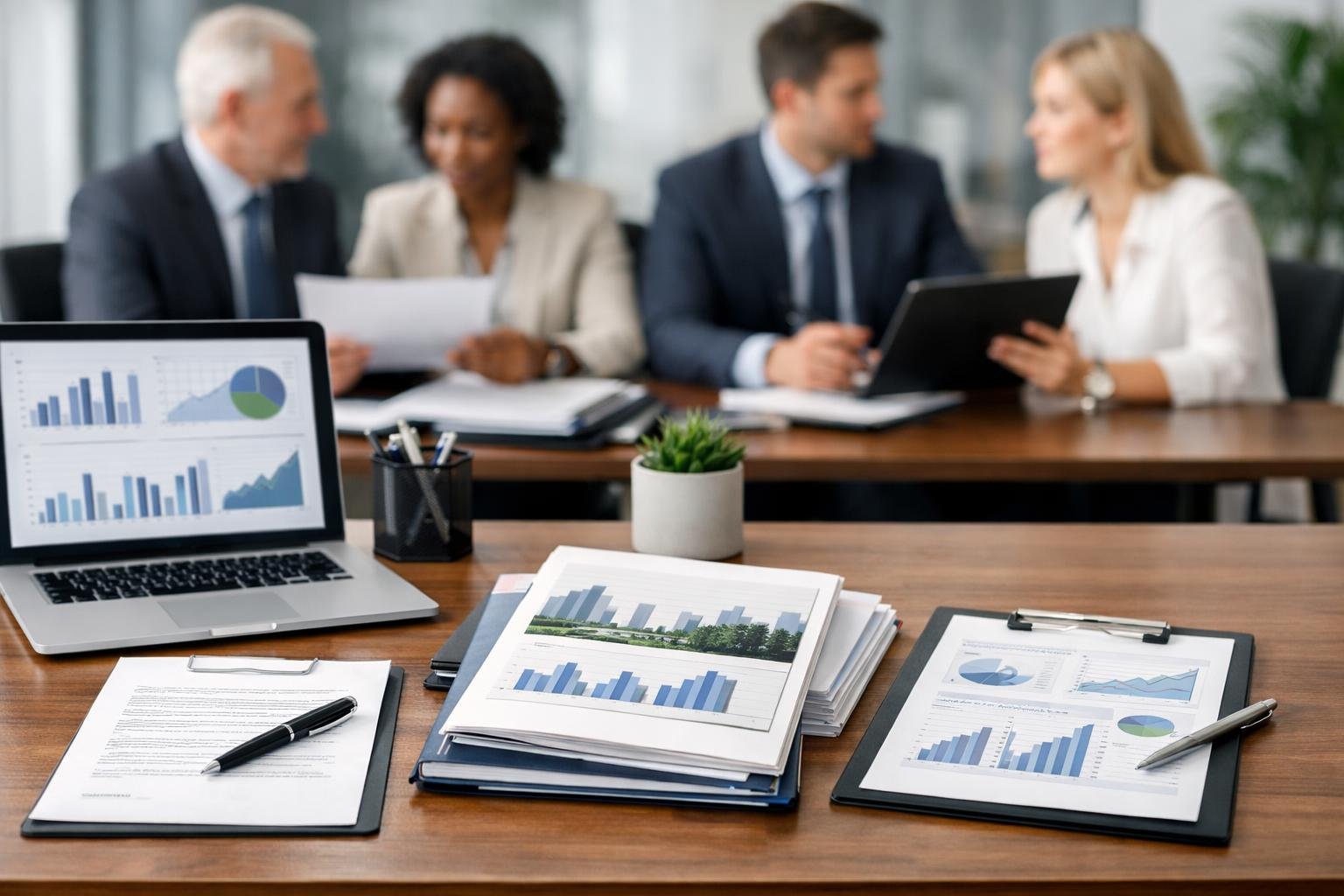 Un bureau moderne avec des documents officiels sur les marchés publics de nettoyage, des professionnels en réunion et un ordinateur portable affichant des données.