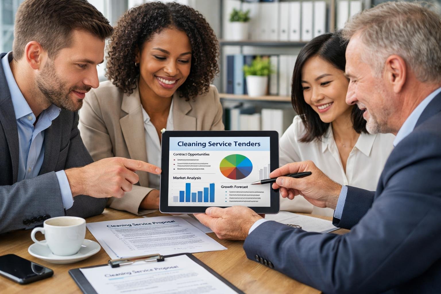 Un groupe de professionnels en réunion dans une salle de conférence lumineuse, examinant des documents et un appareil numérique concernant des appels d’offres de nettoyage.