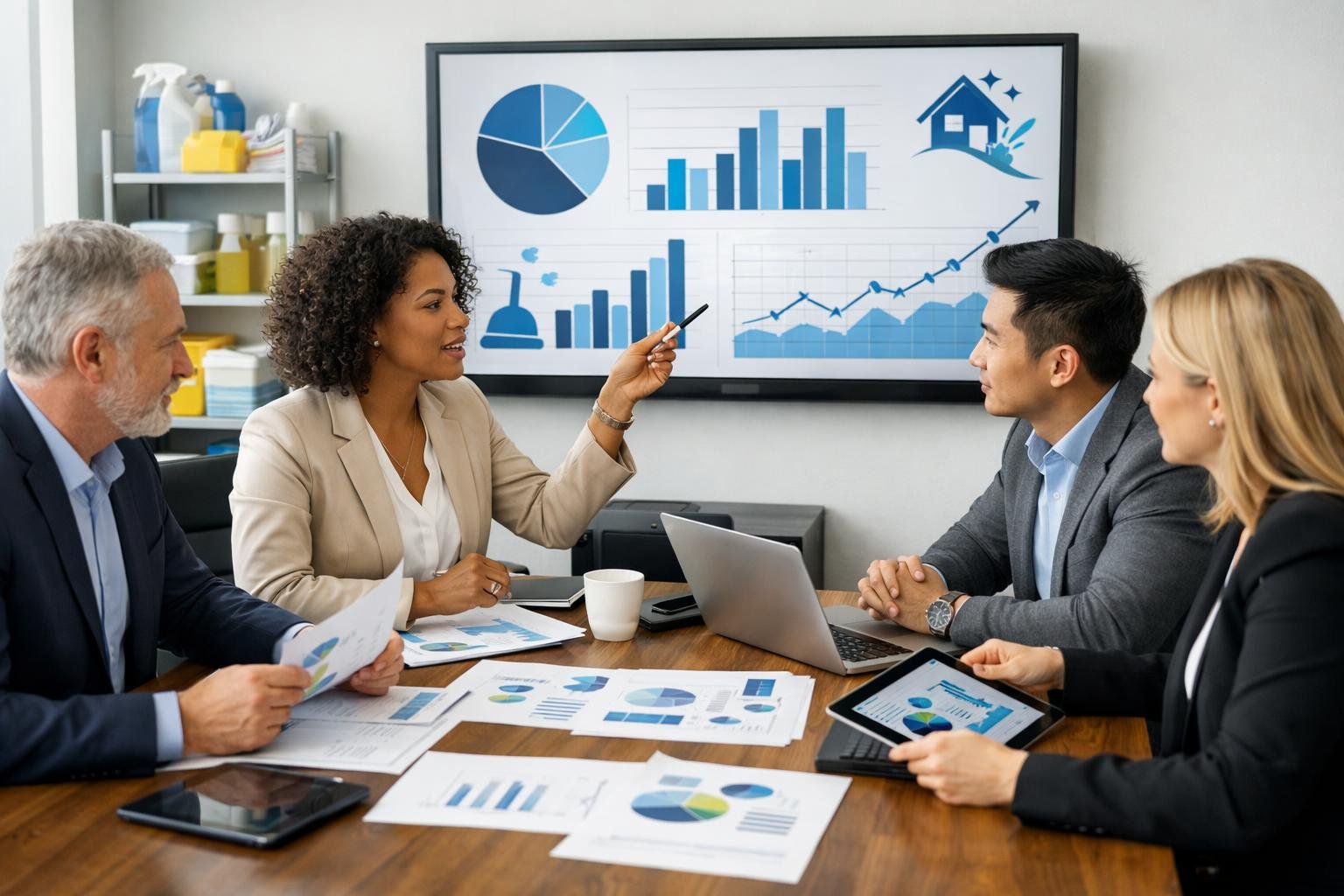 Des professionnels en réunion dans une salle de conférence moderne, examinant des documents et des données numériques sur un écran, discutant d'un marché public de nettoyage.