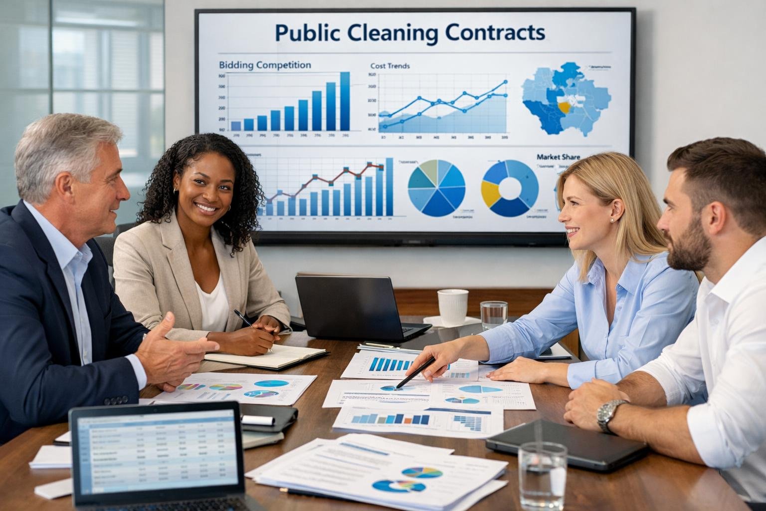 Une équipe de professionnels en réunion autour d'une table avec des documents financiers et des graphiques, discutant de marchés publics de nettoyage.