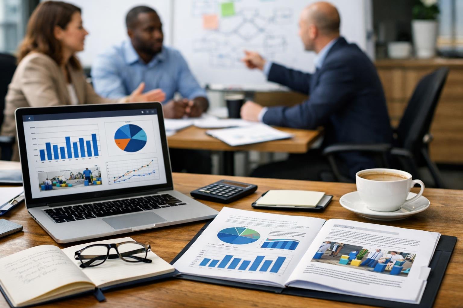 Un bureau moderne avec des professionnels en réunion, un ordinateur portable avec des graphiques, des documents et un tableau blanc en arrière-plan.