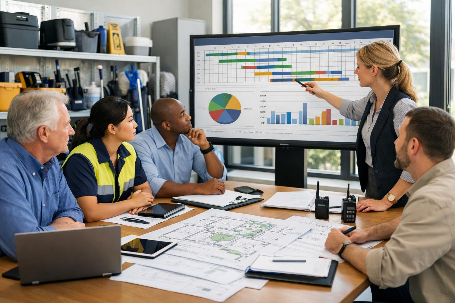 Une équipe de professionnels en réunion autour d'une table avec des documents et des écrans, planifiant l'exécution d'un marché de services de nettoyage.