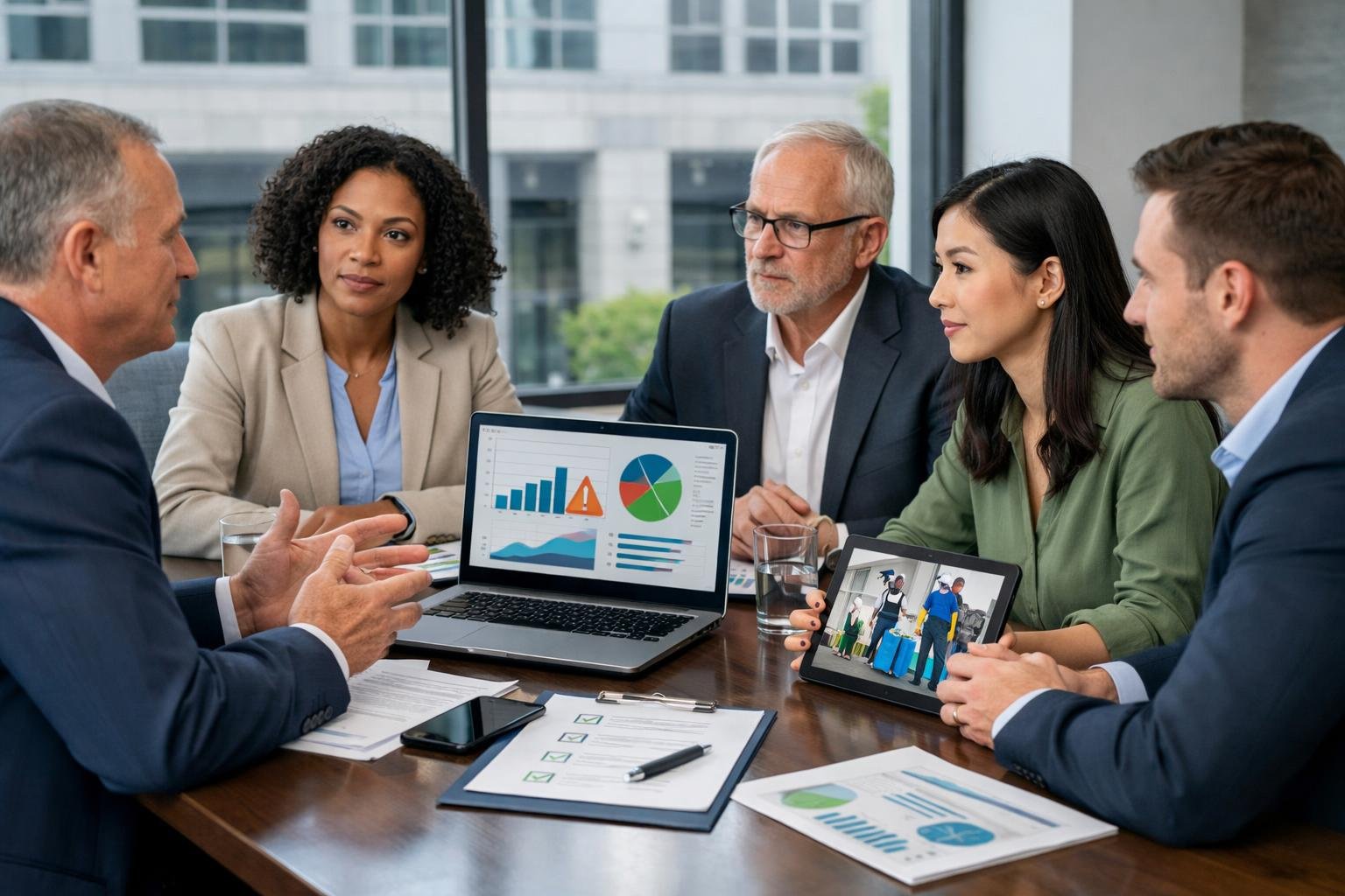 Des professionnels en réunion discutant autour d'une table avec des documents et des appareils numériques dans un bureau moderne.