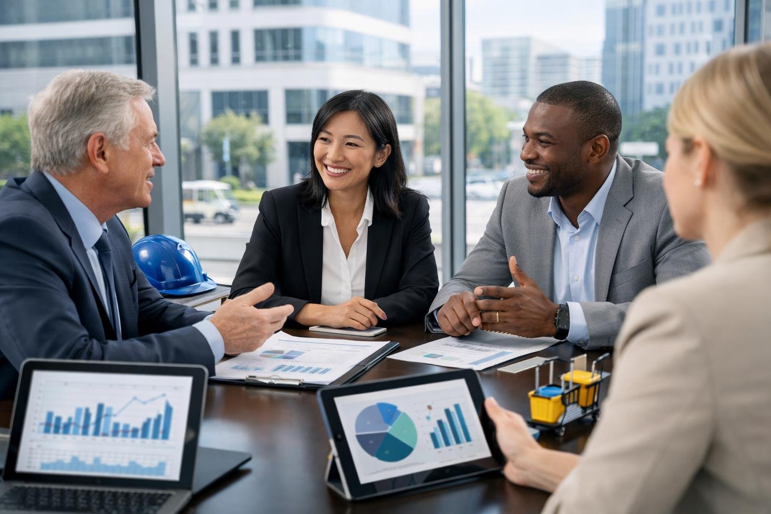 Un groupe de professionnels en réunion dans un bureau moderne, discutant autour d'une table avec des documents et des tablettes, avec une vue urbaine propre en arrière-plan.