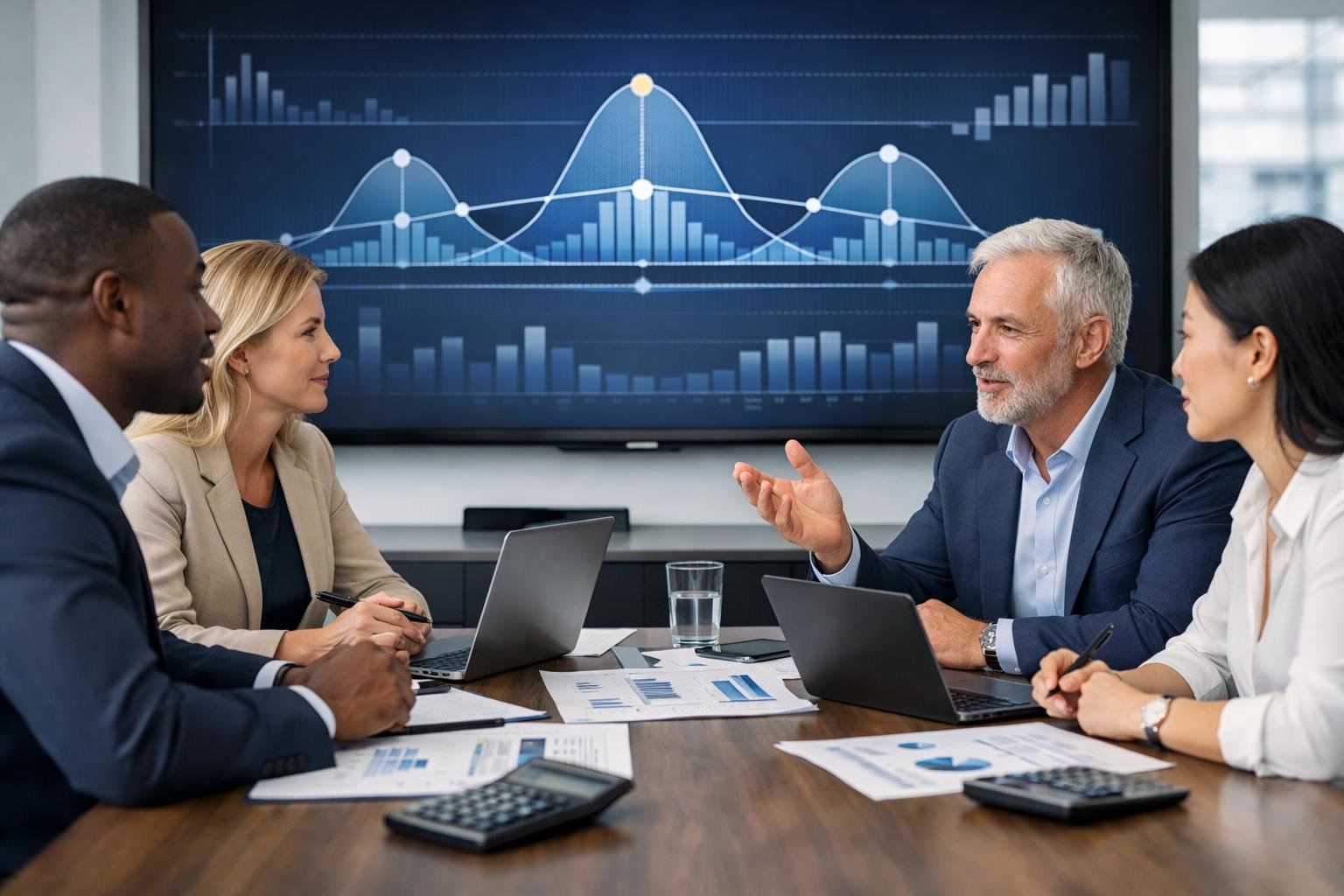 Un groupe de professionnels en réunion autour d'une table avec des documents financiers et des écrans affichant des graphiques.