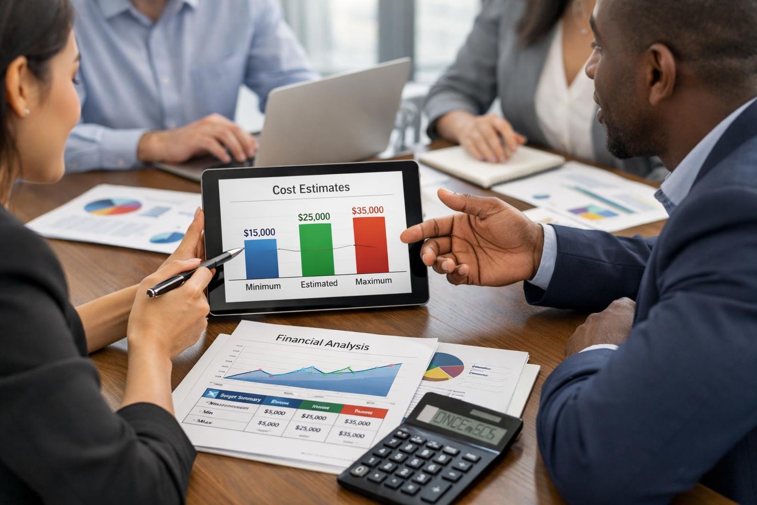 Un groupe de professionnels en réunion dans un bureau moderne, examinant des documents et des appareils électroniques pour calculer des montants financiers.