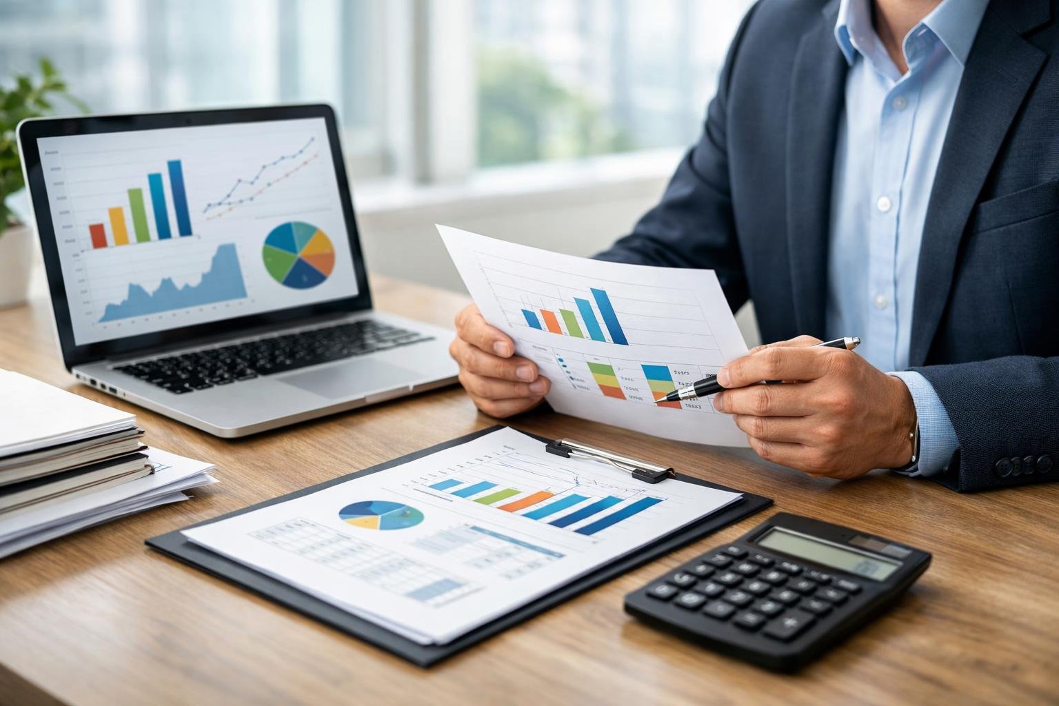 Une personne d'affaires examinant des documents financiers à un bureau moderne avec un ordinateur portable et une calculatrice.