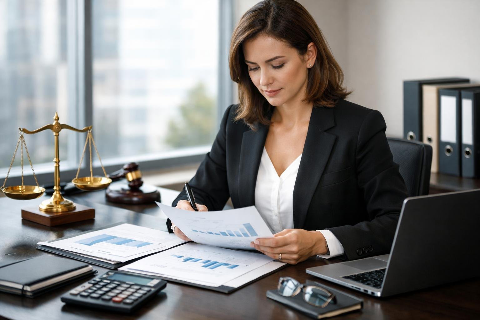 Une femme d'affaires examinant des documents financiers et juridiques dans un bureau lumineux avec des accessoires comme une calculatrice, un ordinateur portable et une balance de justice.