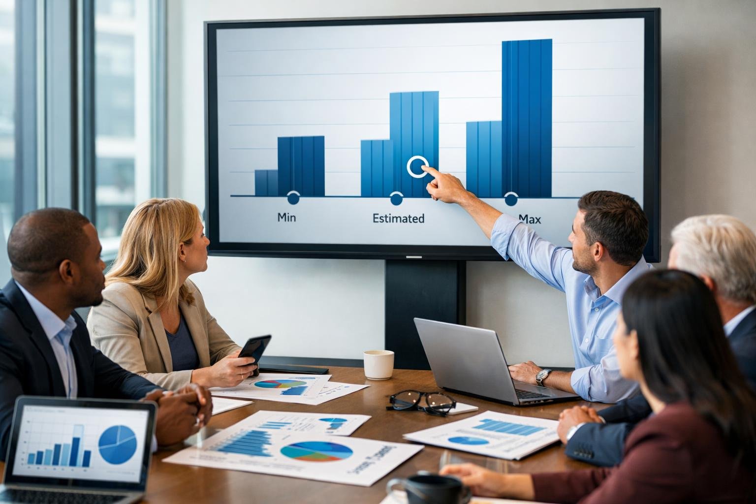 Un groupe de professionnels en réunion autour d'une table avec des graphiques financiers affichés sur un écran, discutant des montants minimum, maximum et estimatif.