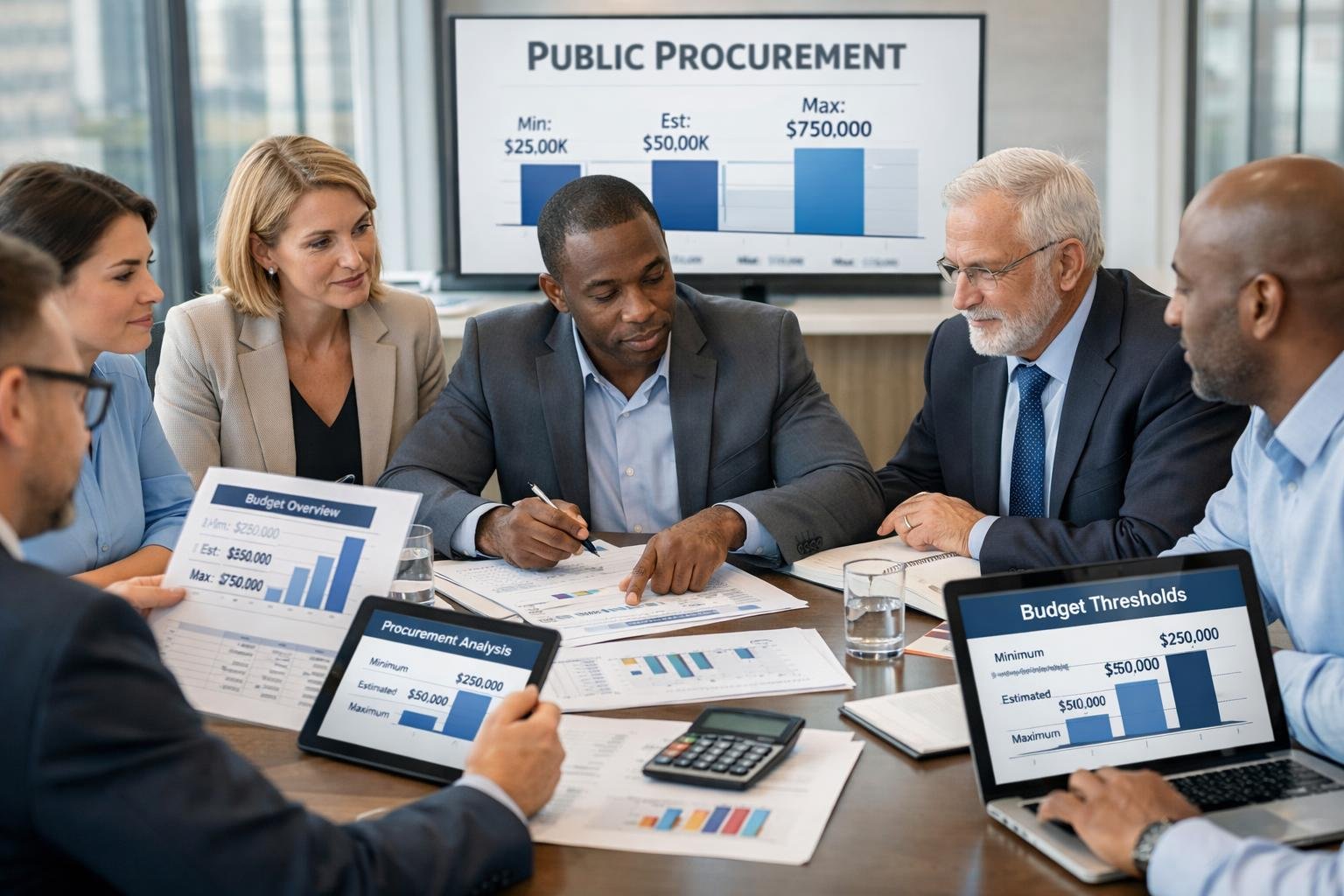 Un groupe de professionnels en réunion autour d'une table, examinant des documents financiers et des graphiques dans un bureau moderne lumineux.