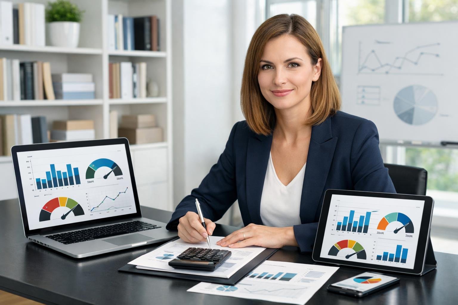 Une femme d'affaires dans un bureau moderne analysant des graphiques financiers sur plusieurs appareils numériques.