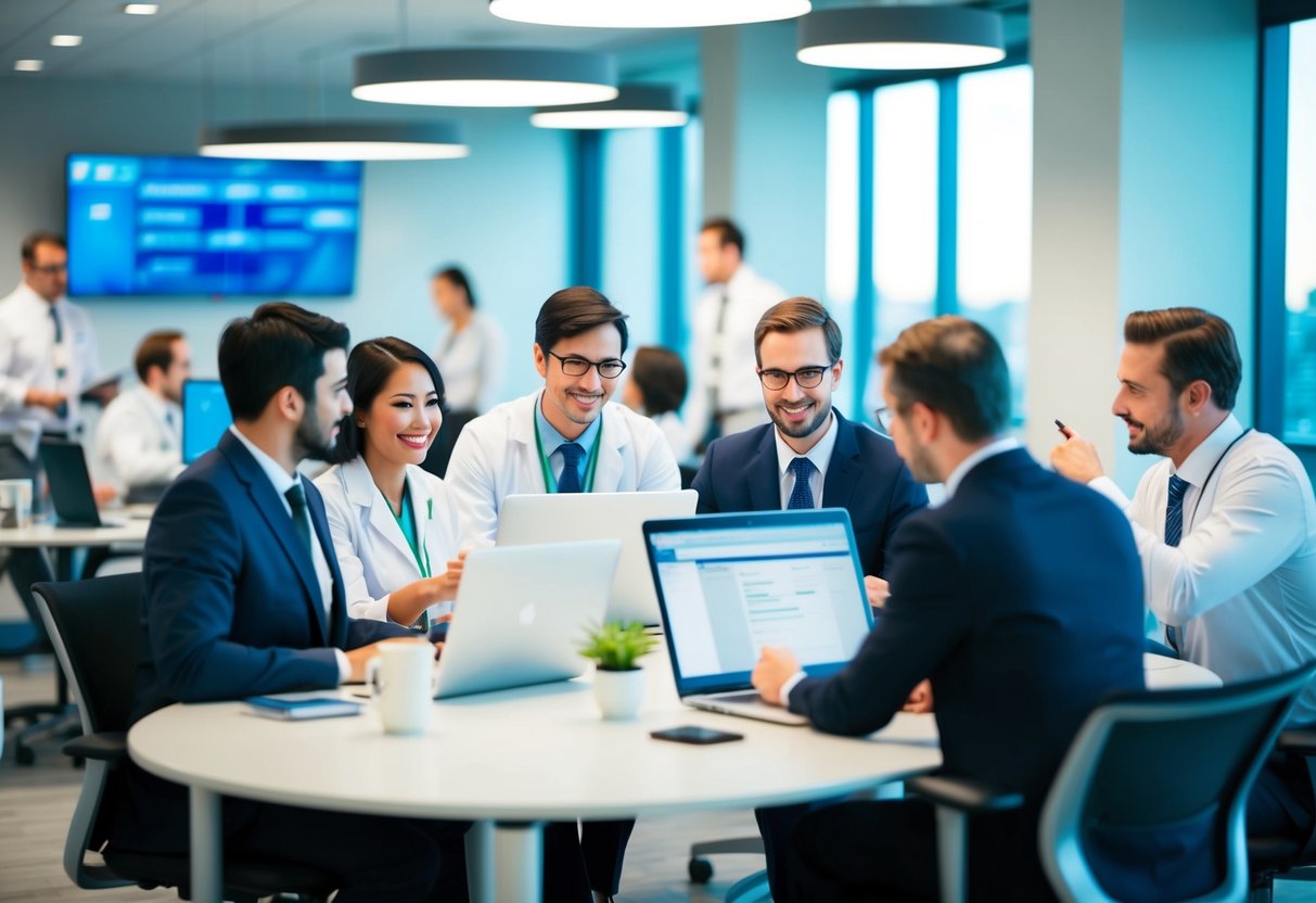 Un réseau d'approvisionnement hospitalier animé, avec du personnel collaborant et échangeant des informations dans un cadre de bureau moderne et organisé.