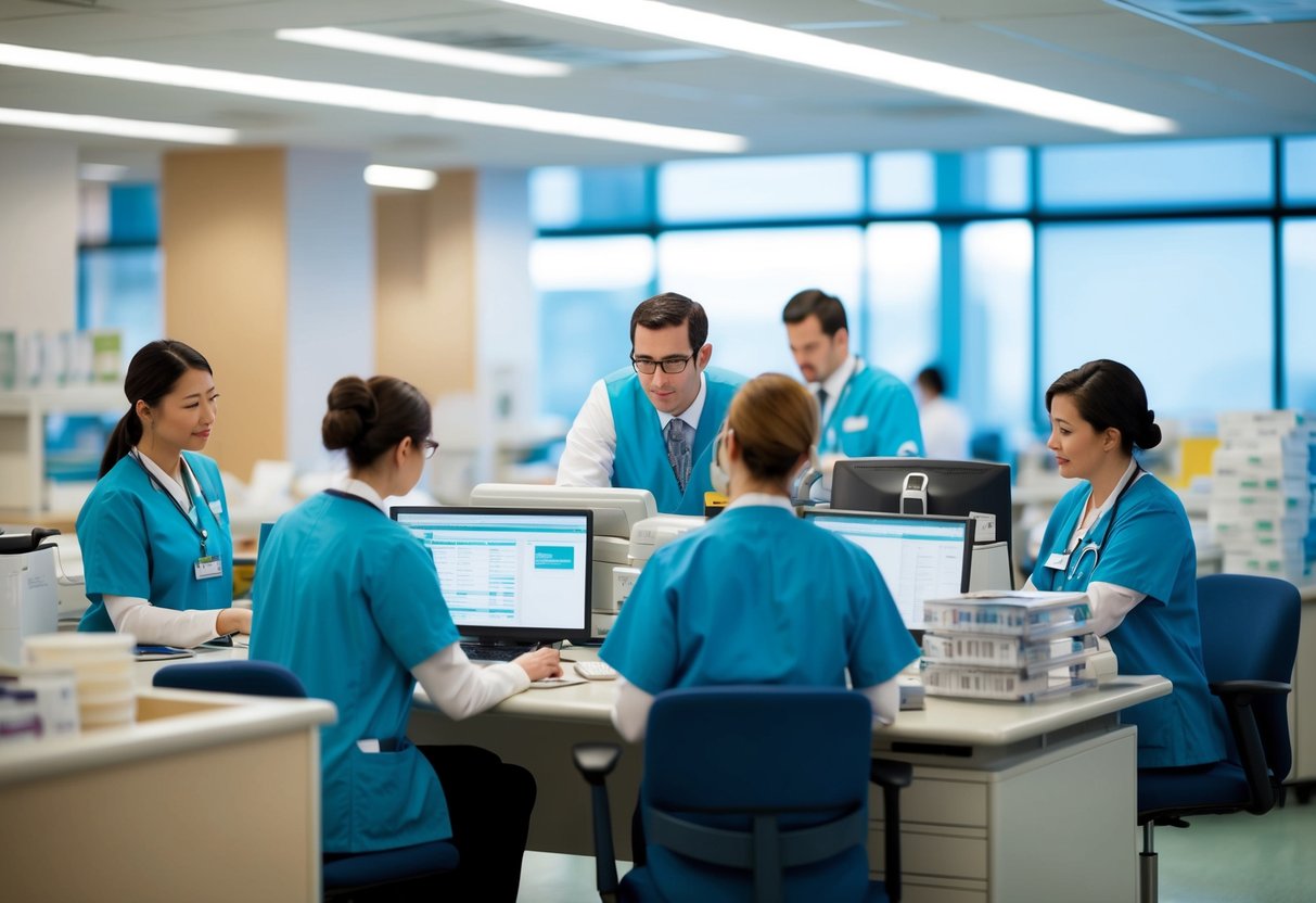 Un département des achats d'hôpital animé, avec du personnel consultant le réseau RESAH pour des informations et des fournitures d'approvisionnement.