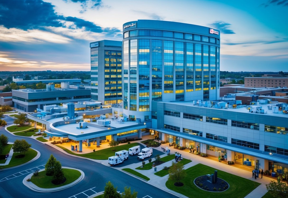 Un hôpital animé avec du matériel médical et du personnel, entouré d'un réseau de bâtiments et d'installations interconnectés.