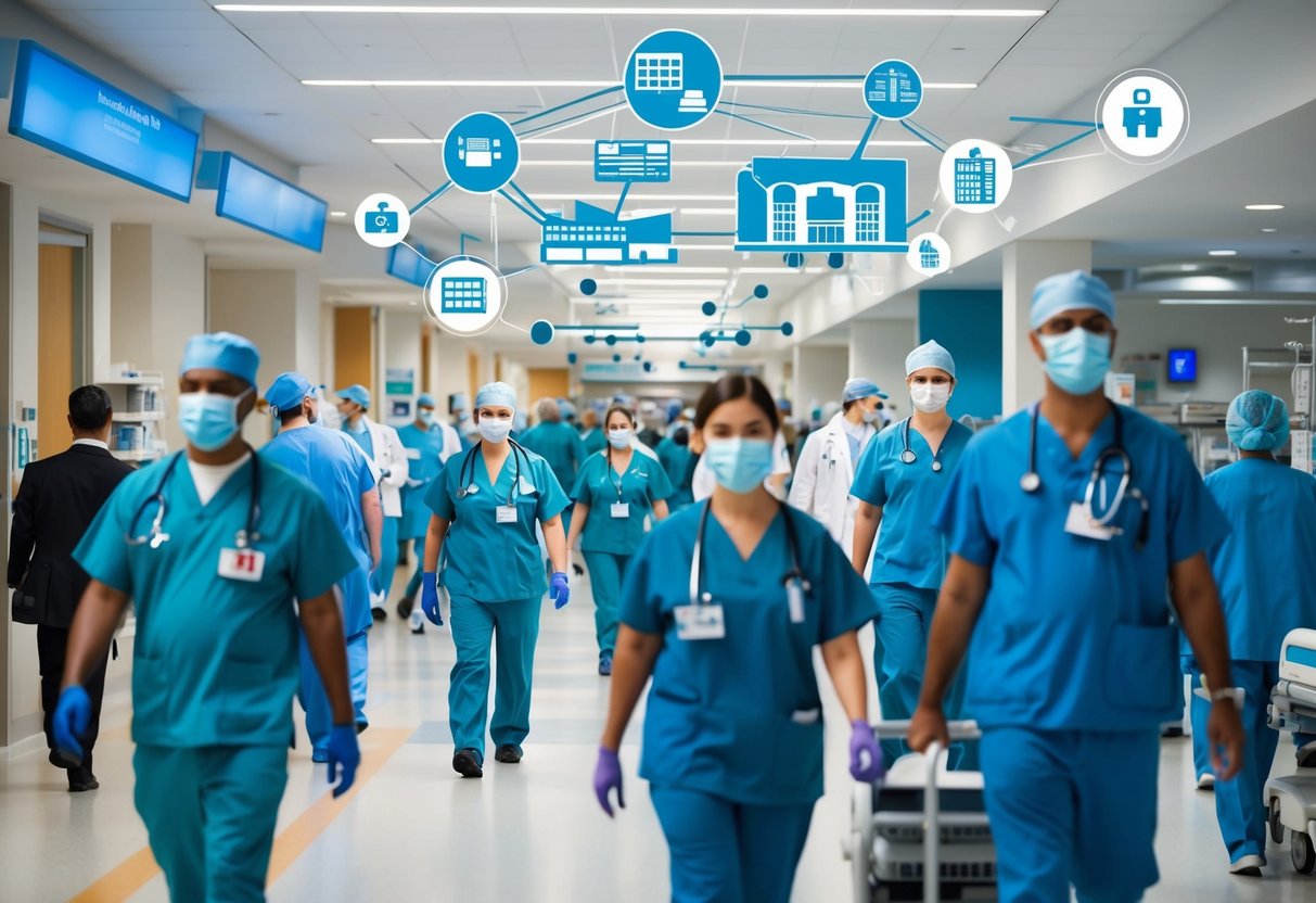 Un hôpital animé avec du personnel médical naviguant à travers des couloirs bondés, tandis qu'un réseau d'établissements de santé interconnectés et de fournisseurs est représenté en arrière-plan.