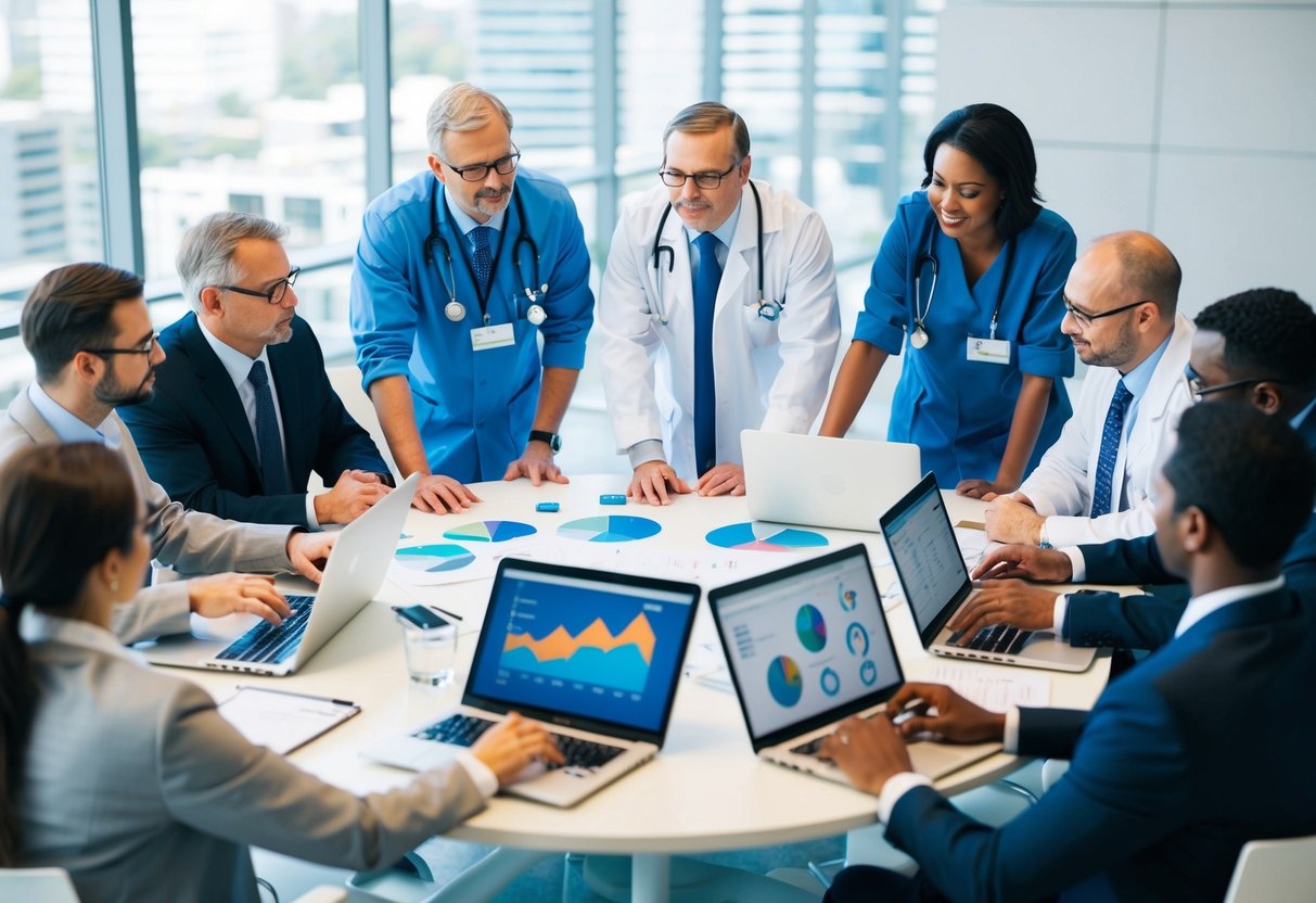 Un groupe d'administrateurs d'hôpital se réunit autour d'une table, discutant et planifiant des initiatives spécifiques du RESAH. Des graphiques et des tableaux sont affichés, et des ordinateurs portables sont ouverts alors qu'ils collaborent sur les activités du réseau.
