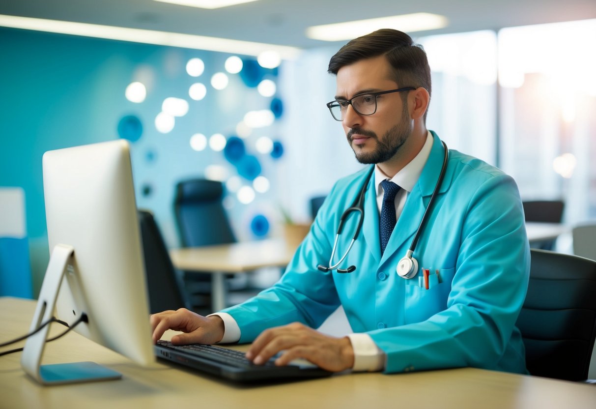 Un administrateur d'hôpital consulte les directives européennes sur les marchés publics sur un écran d'ordinateur.
