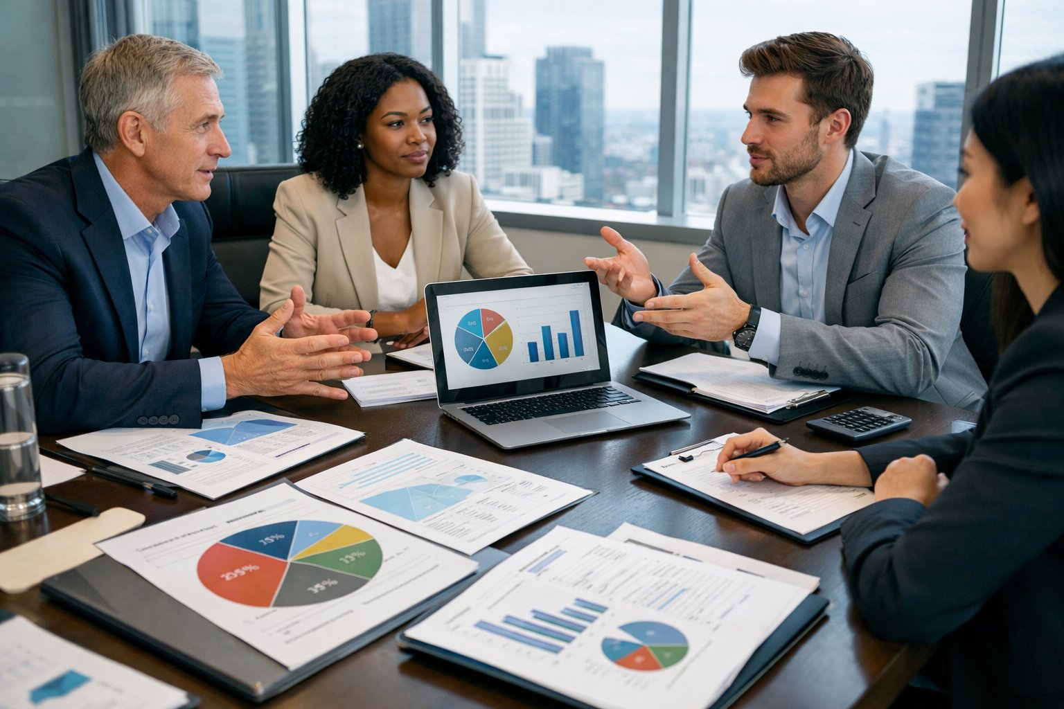 Un groupe de professionnels en réunion autour d'une table de conférence, discutant de contrats et de sous-traitance dans un bureau moderne.