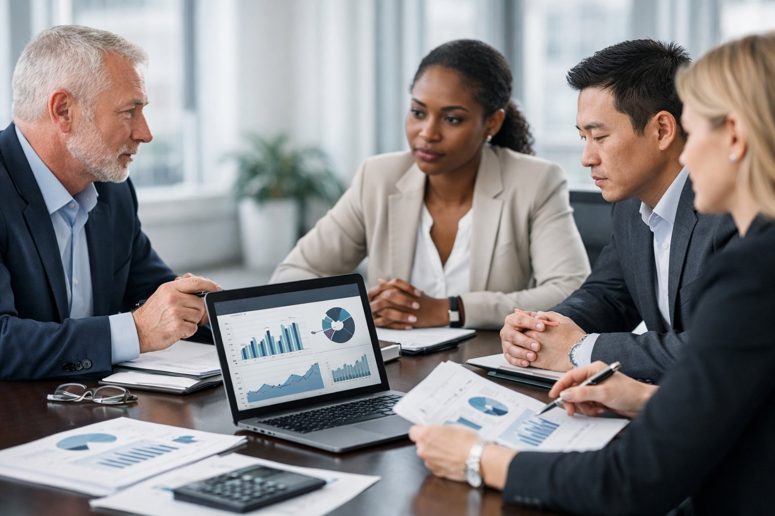 Des professionnels en réunion autour d'une table de conférence discutant de documents et graphiques financiers dans un bureau lumineux.