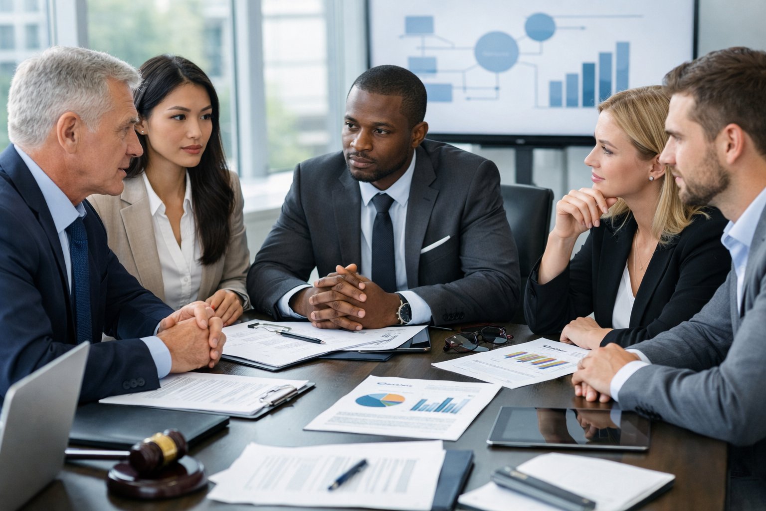 Des professionnels en réunion autour d'une table de conférence discutant de documents et de graphiques dans un bureau moderne et lumineux.
