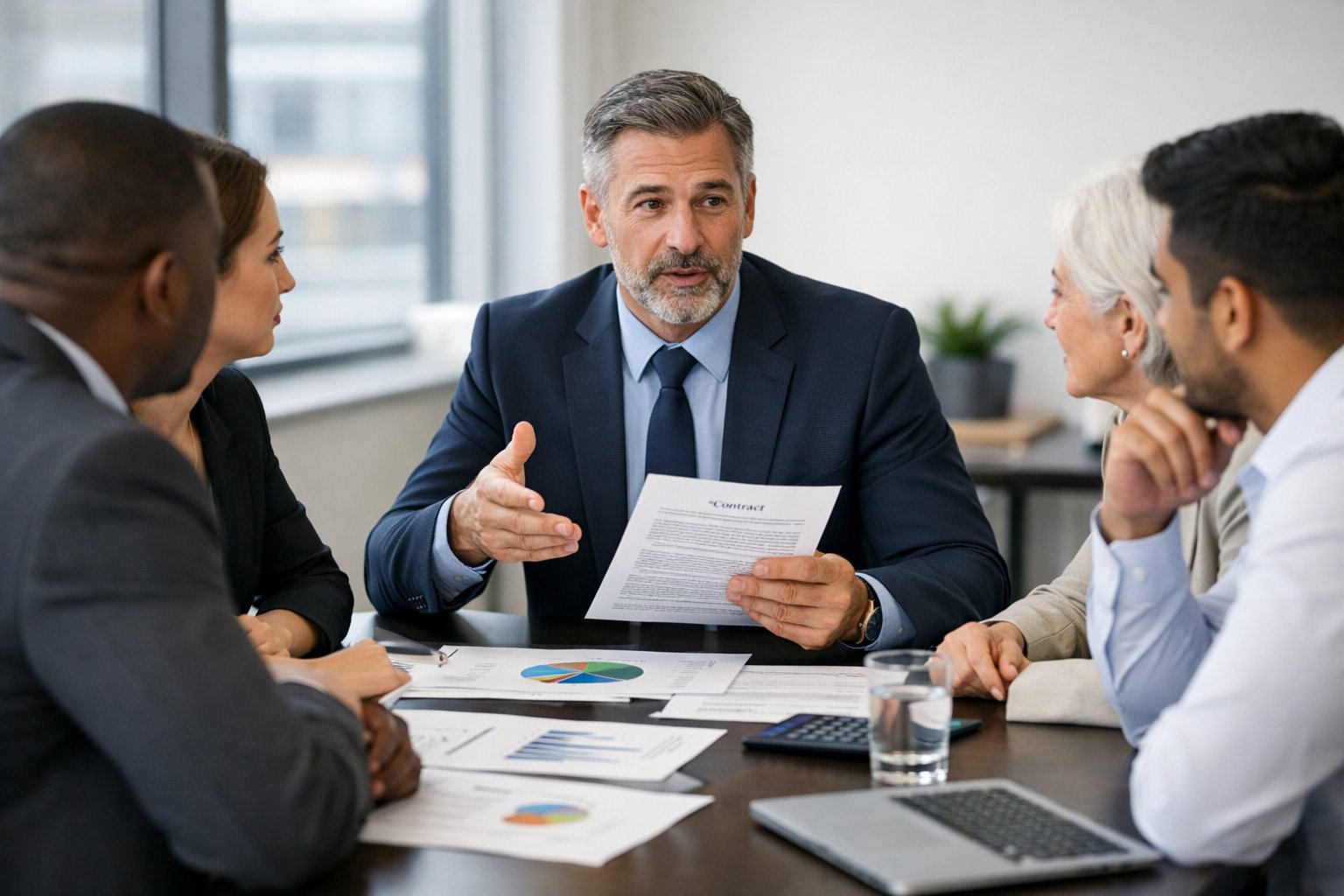 Des professionnels en réunion autour d'une table de conférence discutant de contrats dans un bureau moderne lumineux.