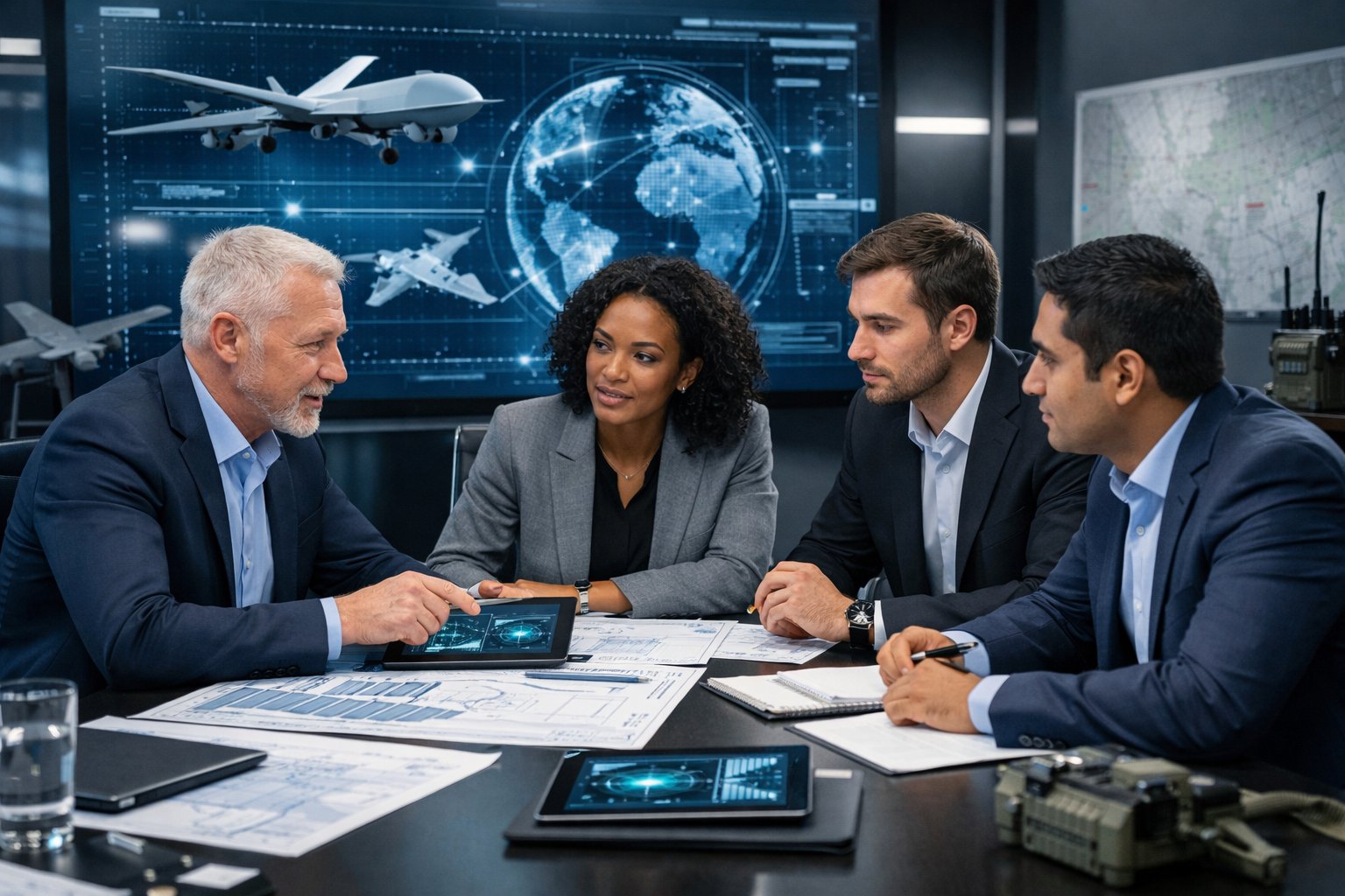 Des professionnels en réunion autour d'une table de conférence dans un bureau moderne, discutant de projets liés à la défense et à la sécurité.