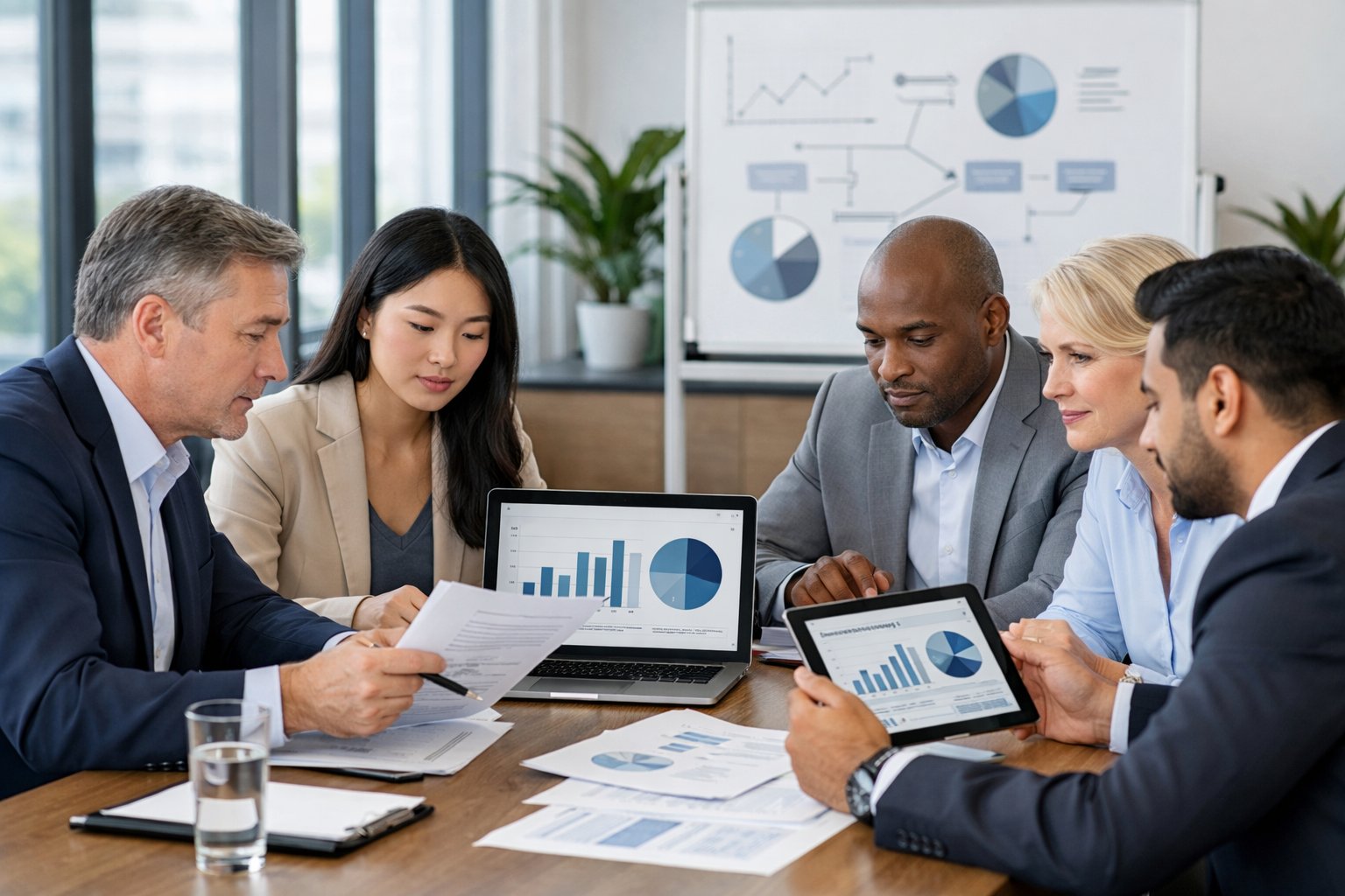 Un groupe de professionnels en réunion autour d'une table de conférence, examinant des documents et des graphiques dans un bureau moderne.