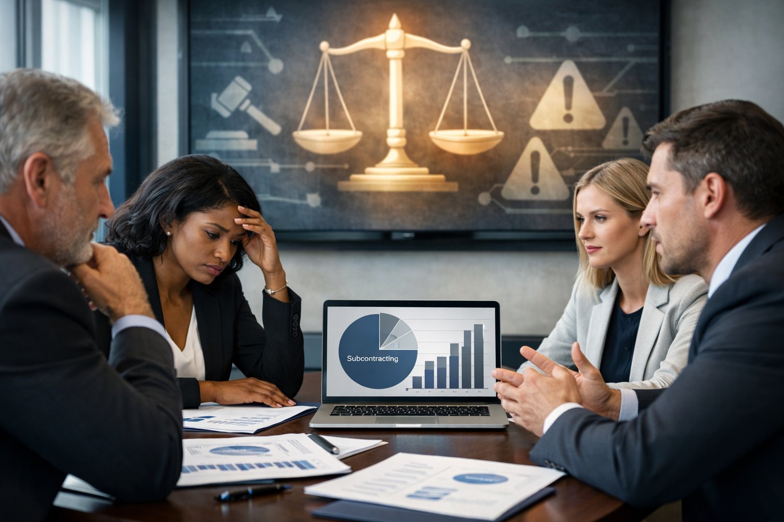 Des professionnels en réunion dans un bureau discutant de documents et de graphiques liés aux risques juridiques d’un taux élevé de sous-traitance.