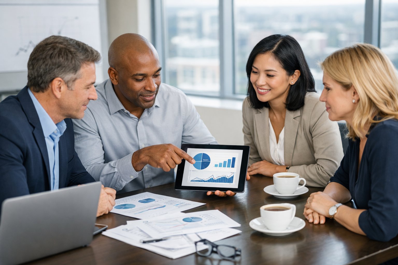 Quatre professionnels en réunion autour d'une table de conférence discutant de taux de sous-traitance avec des graphiques sur une tablette.