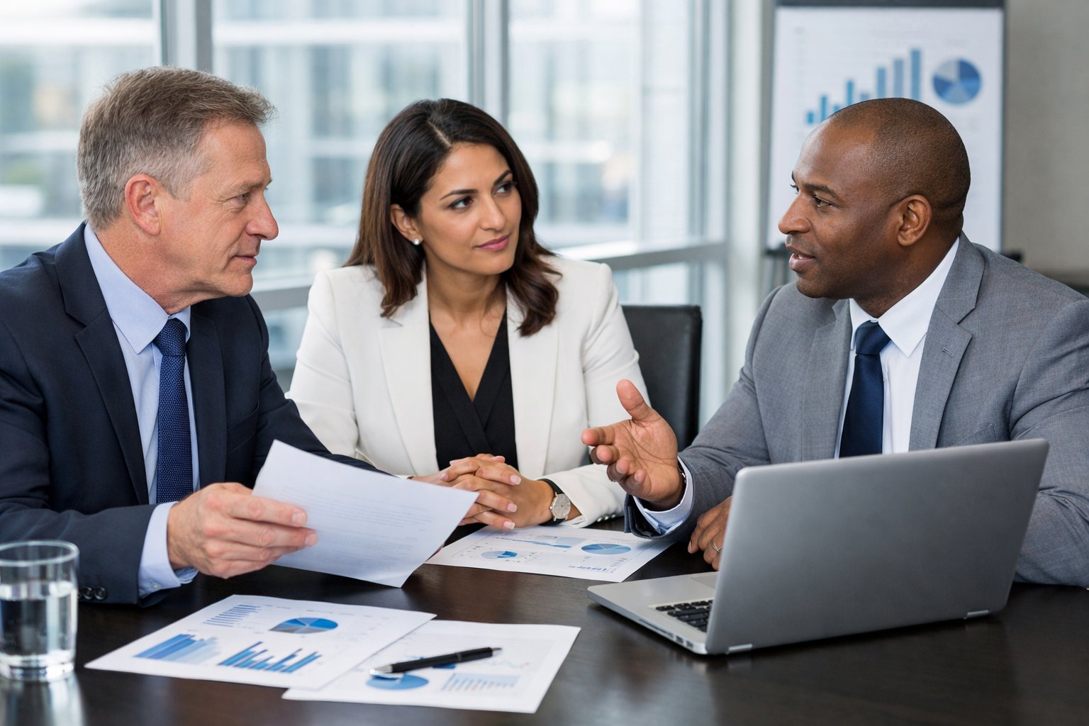 Trois professionnels en réunion autour d'une table de conférence discutant de documents dans un bureau moderne et lumineux.