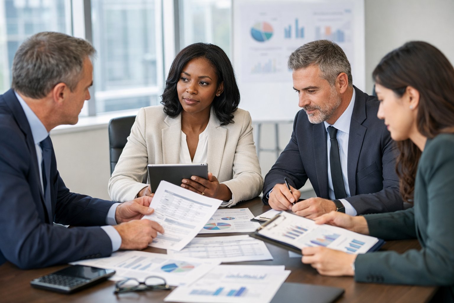 Un groupe de professionnels en réunion autour d'une table de conférence, examinant des documents et discutant de processus de marchés publics.