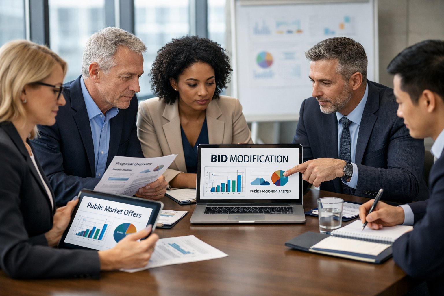 Des professionnels en réunion autour d'une table de conférence, discutant et examinant des documents dans un bureau moderne.