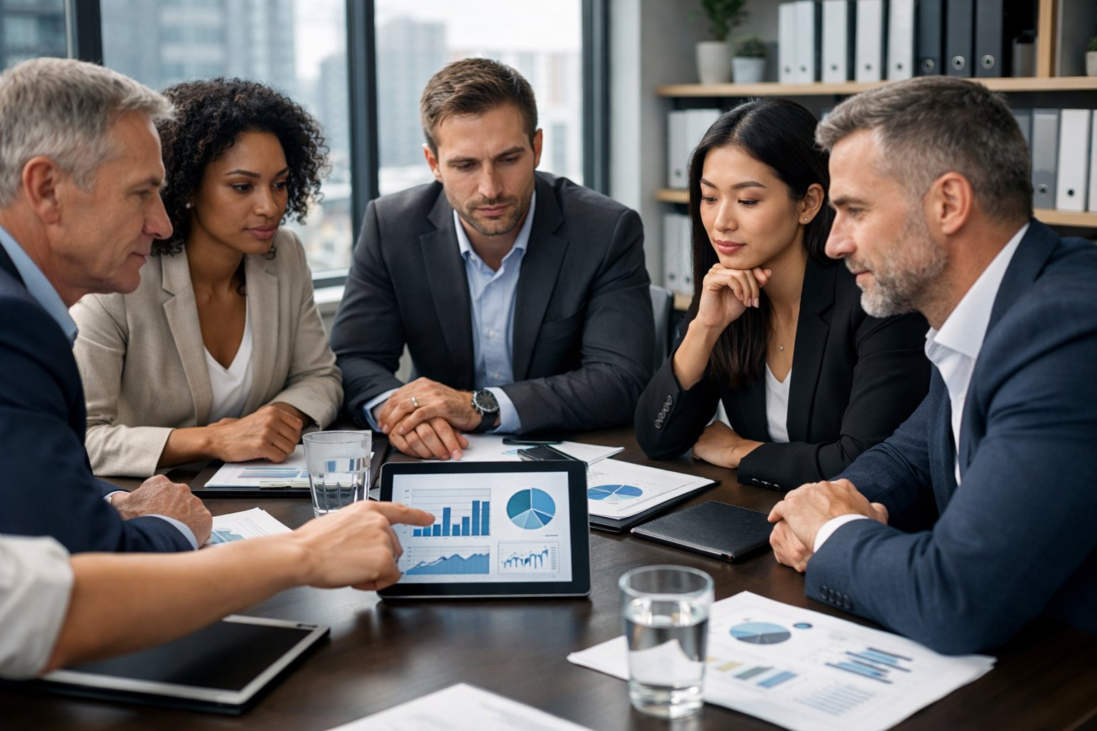 Un groupe de professionnels en réunion autour d'une table de conférence, discutant de documents et utilisant des appareils numériques dans un bureau moderne.
