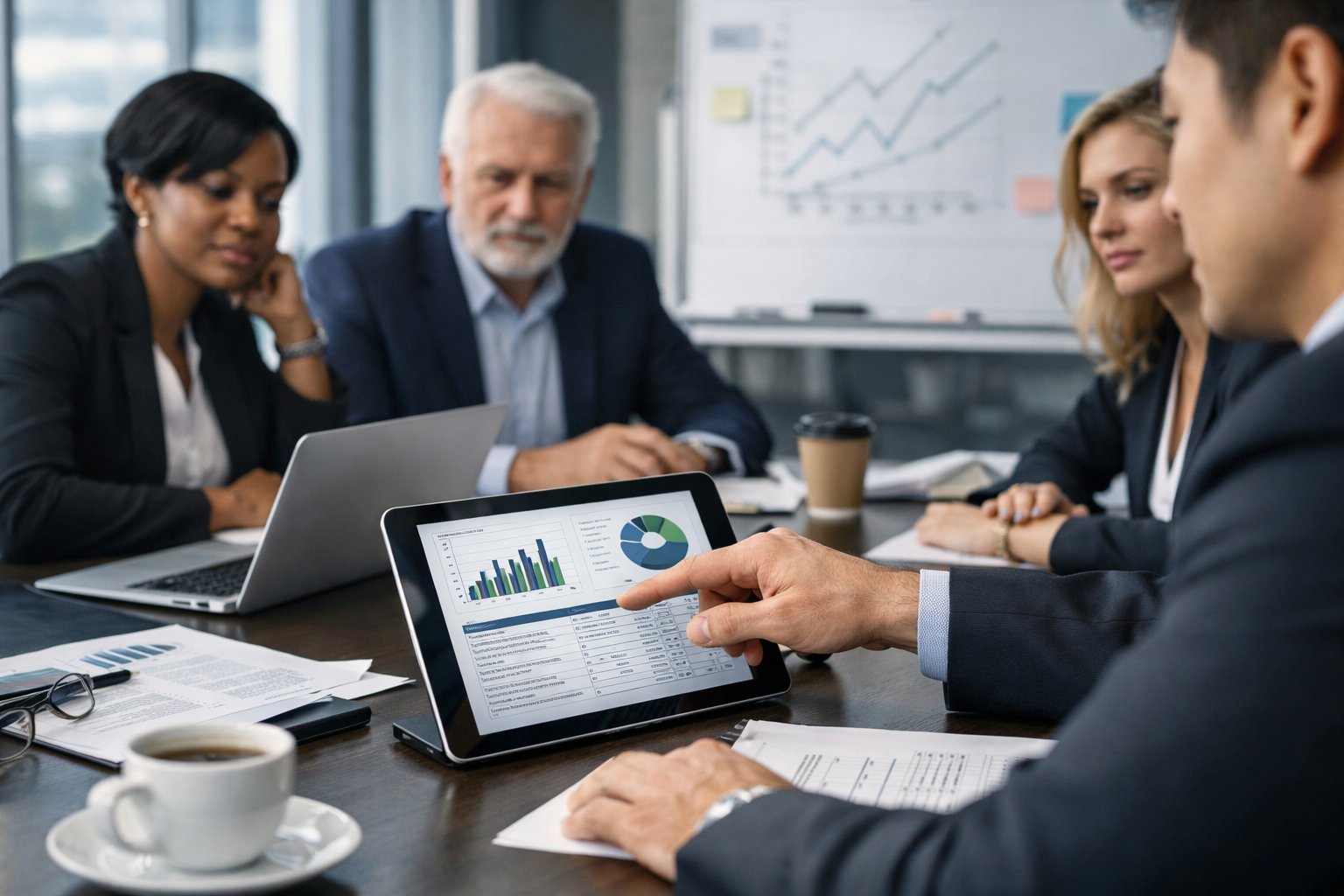 Des professionnels en réunion autour d'une table de conférence, examinant des documents et des graphiques sur une tablette dans un bureau moderne.