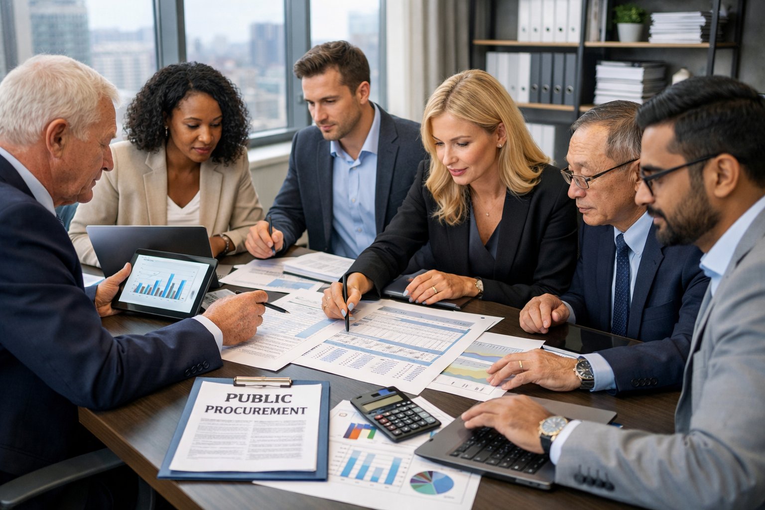 Un groupe de professionnels en réunion autour d'une table de conférence, discutant de documents financiers dans un bureau moderne.